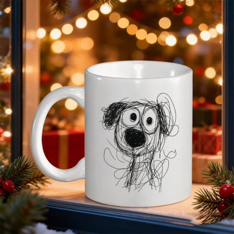 Tailorly White Ceramic 11 oz Mug - Hand Drawn Scribble Style Puppy Face With Wide Eyes And Nose Dog