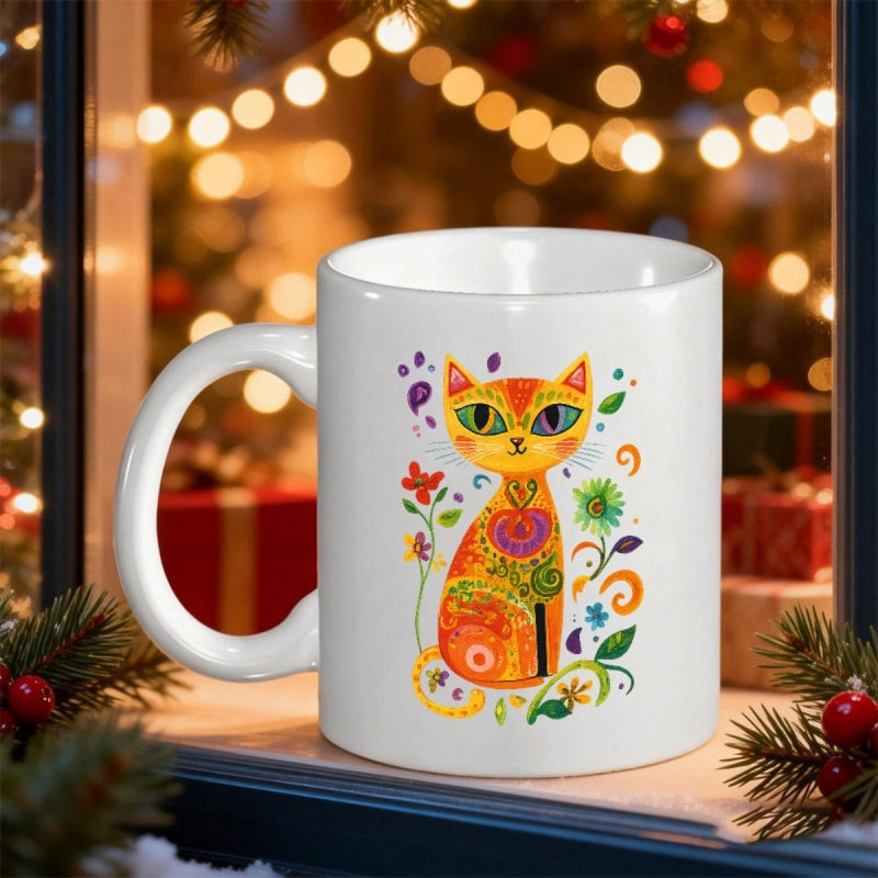 Tailorly White Ceramic 11 oz Mug - Artistic Vibrant Folk Style Colorful Pattern Surrounded By Elegant Floral Cat