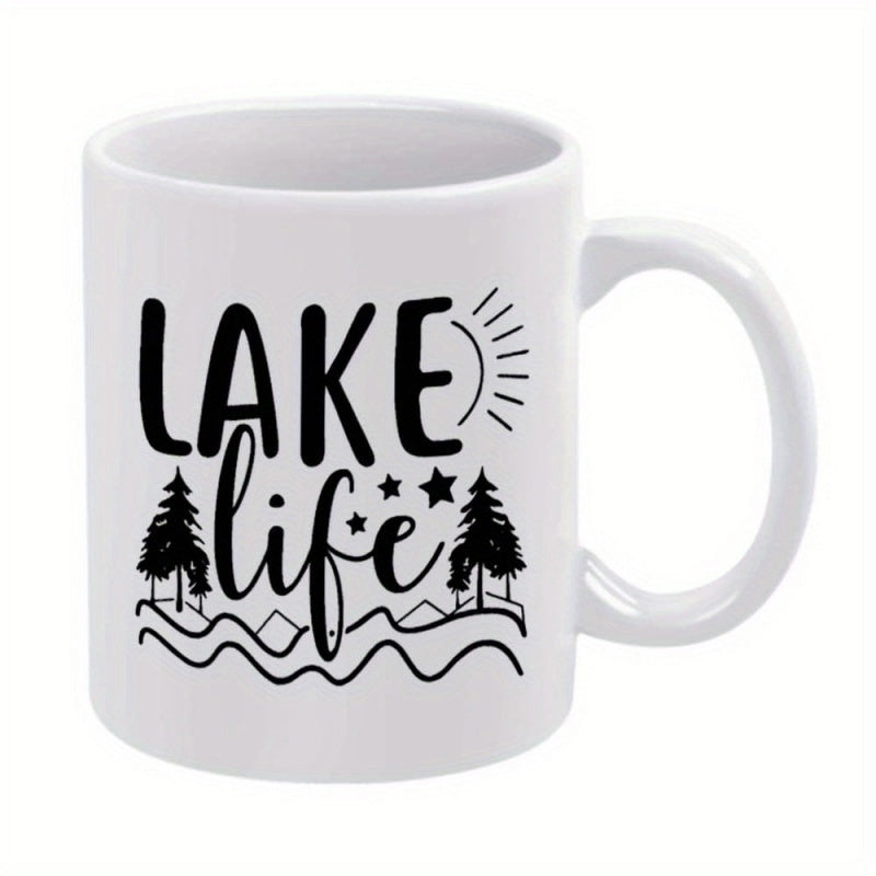 Tailorly White Ceramic 11 oz Mug - Lake Life Scenic Nature Design With Pine Trees And Waves Under Shining Sun Mug