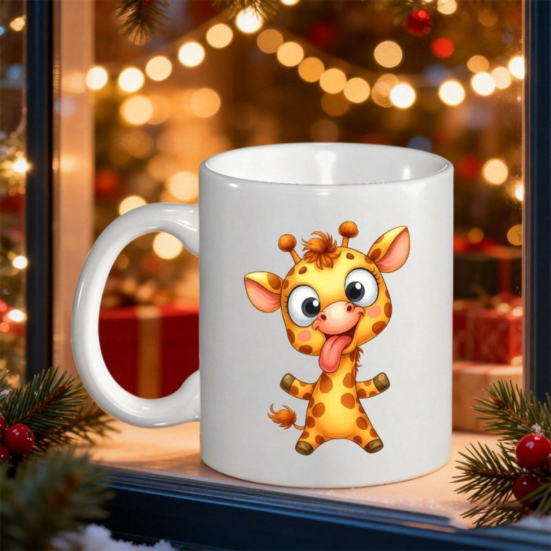 Tailorly White Ceramic 11 oz Mug - Playful Animated Character With Expressive Eyes And Happy Smile Cute Small Giraffe
