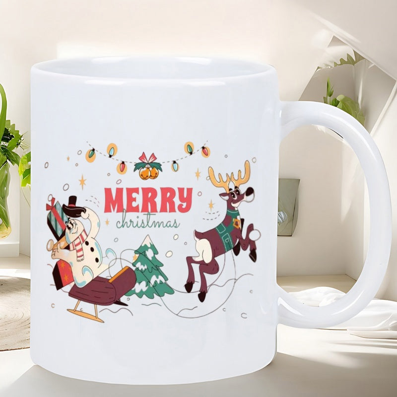 Tailorly White Ceramic 11 oz Mug - Merry Christmas Whimsical Festive Scenes Featuring A Jolly Snowman And Reindeer In Sleigh Reindeer