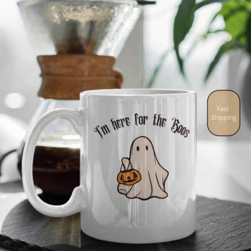Tailorly White Ceramic 11 oz Mug - Im Here For The Boos Cute Little Ghost Holding A Small Orange Pumpkin Bucket Ghost