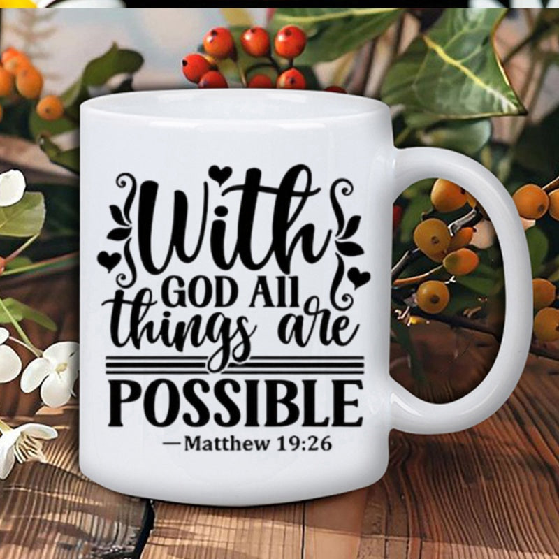 Tailorly White Ceramic 11 oz Mug - With God All Things Are Possible Matthew 19 26 Elegant Black Swirl Accents With Minimalist Hearts And Bold Stripes Mug