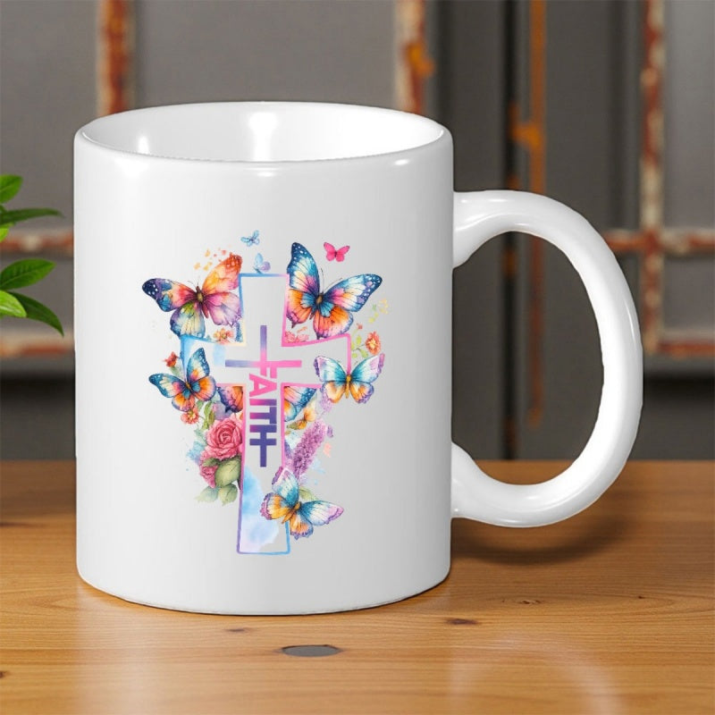 Tailorly White Ceramic 11 oz Mug - Faith Colorful Watercolor Butterflies Dancing Around A Decorated Floral Christian Religious Cross