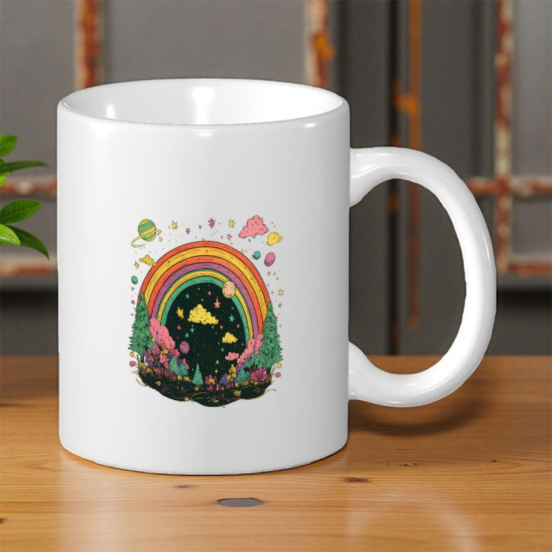 Tailorly White Ceramic 11 oz Mug - Colorful Vibrant Rainbow Arching Over Dreamy Night Forest With Whimsical Floating Planets Landscape