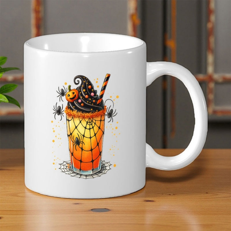 Tailorly White Ceramic 11 oz Mug - Spooky Halloween Drink With Spiders Cobwebs And A Pumpkin Topped Milkshake