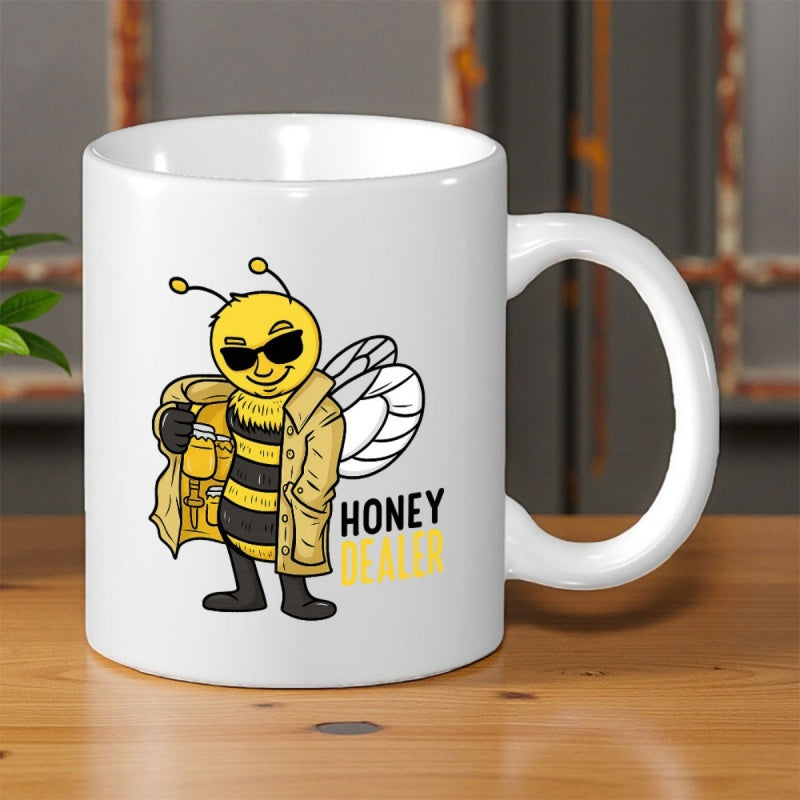 Tailorly White Ceramic 11 oz Mug - Honey Dealer Cool Character Wearing Sunglasses Holding A Jar Of Sweet Honey Bee