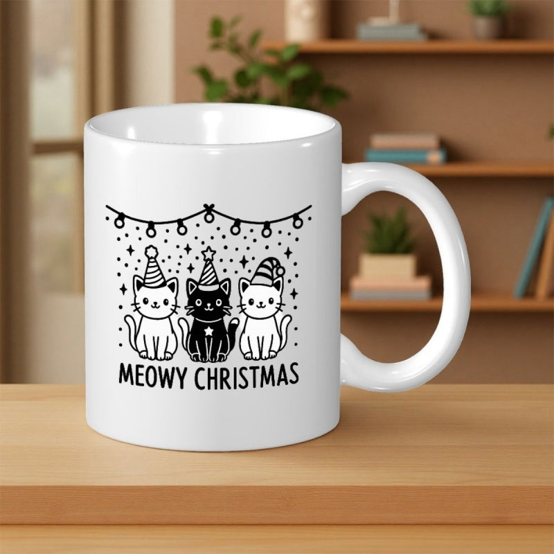 Tailorly White Ceramic 11 oz Mug - Meowy Christmas Three Adorable Festive Kittens Wearing Party Hats Under Glowing Holiday Lights Cat