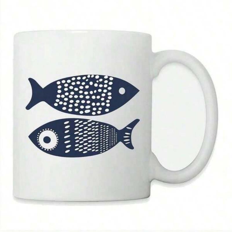 Tailorly White Ceramic 11 oz Mug - Minimalist Navy Blue Swimming Creatures With Geometric Patterns On White Fish