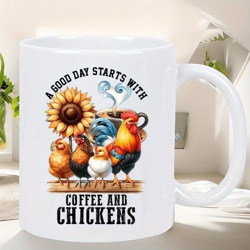 Tailorly White Ceramic 11 oz Mug - A Good Day Starts With Coffee And Chickens Vibrant Sunflower And Steaming Coffee Among Colorful Farm Birds Rooster