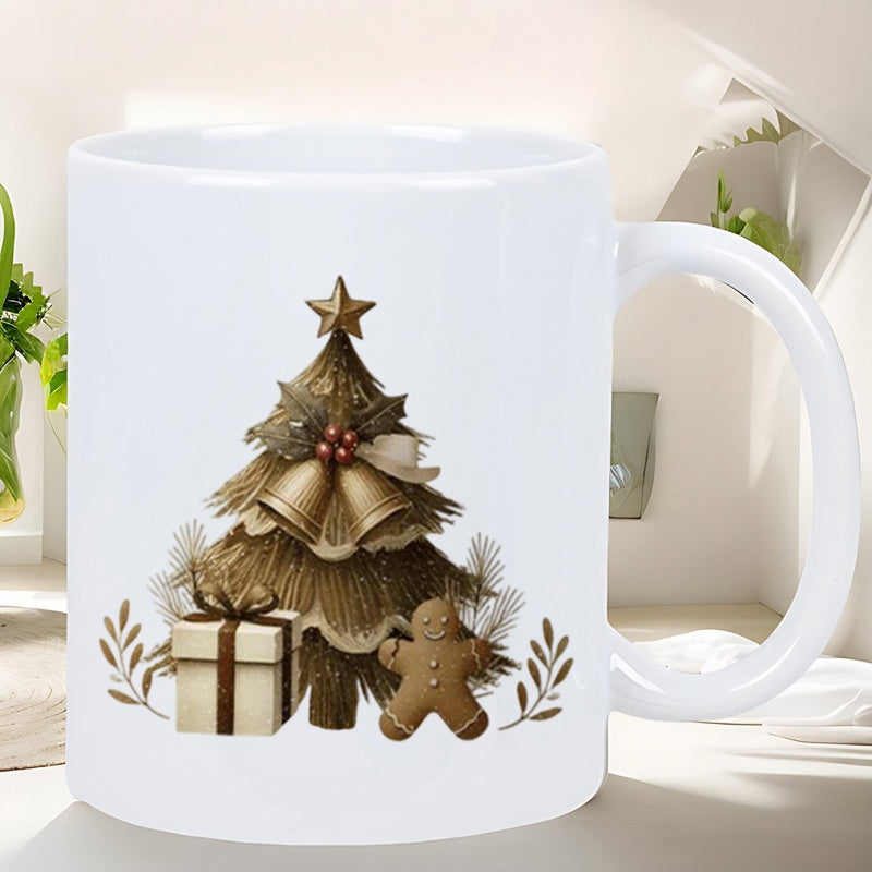 Tailorly White Ceramic 11 oz Mug - Elegant Golden Christmas Bells With Gift Box And Gingerbread Man Festive Tree