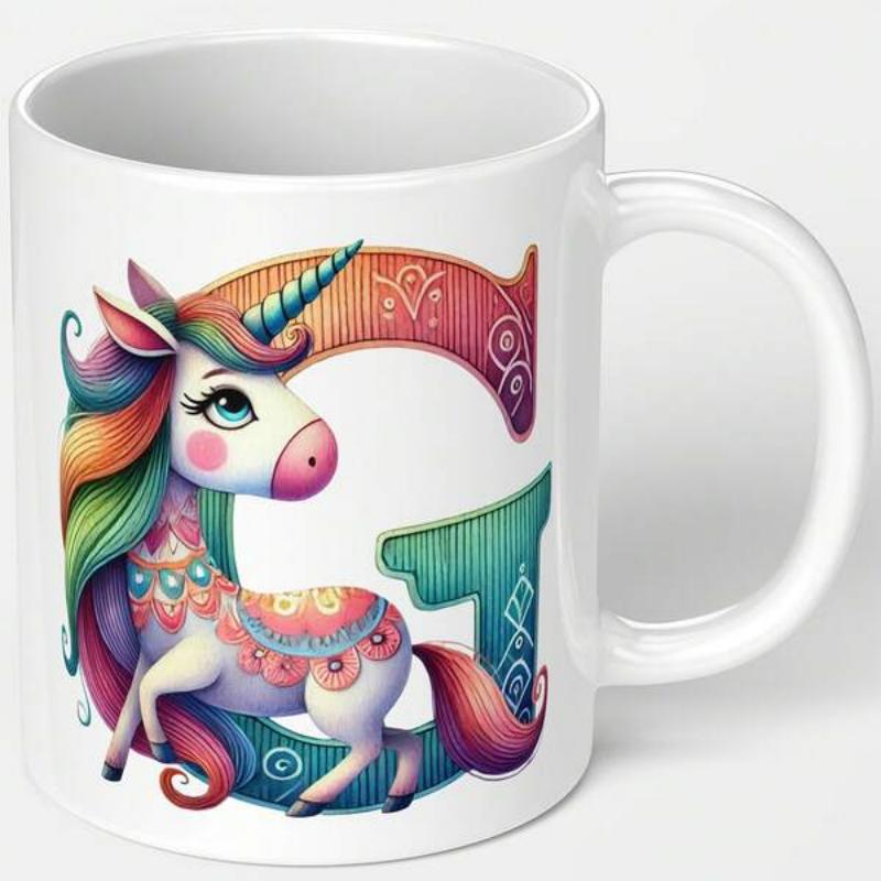 Tailorly White Ceramic 11 oz Mug - Colorful Mythical Creature Inside A Decorative Rainbow Patterned Letter G Unicorn