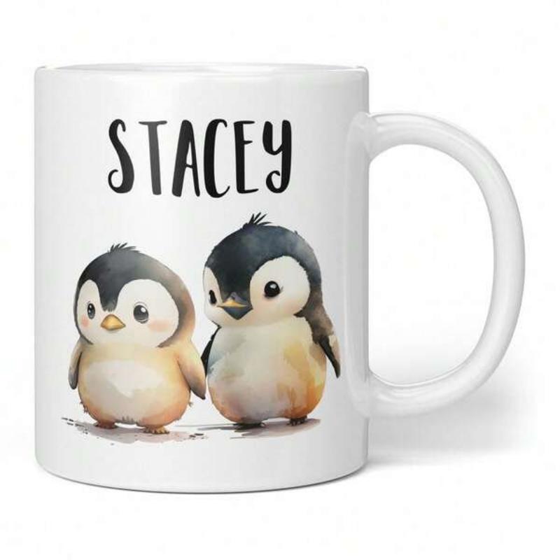 Tailorly White Ceramic 11 oz Mug - Stacey Two Cute Baby Penguins Standing Together With Soft Watercolor Textures Penguin