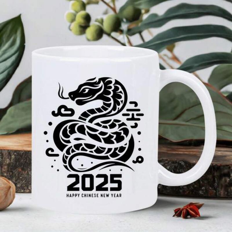 Tailorly White Ceramic 11 oz Mug - Happy Chinese New Year 2025 Stylized Intricate Black Line Art Coiled Serpent Traditional Zodiac Snake