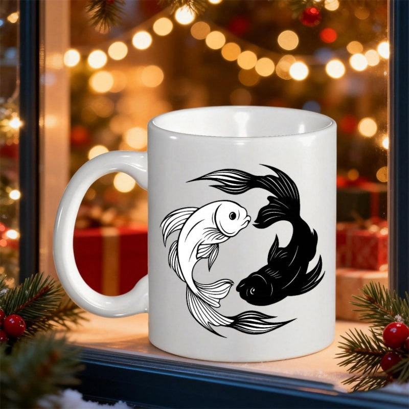 Tailorly White Ceramic 11 oz Mug - Elegant Swimming Yin Yang Balance With Detailed Fins And Artistic Scales Koi