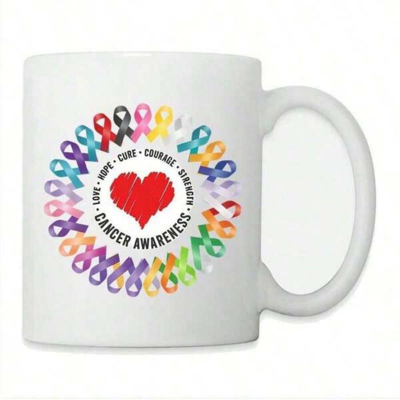 Tailorly White Ceramic 11 oz Mug - Love Hope Cure Courage Strength Faith Cancer Awareness Vibrant Awareness Ribbons Forming A Circle With Red Heart Mug