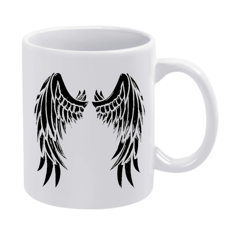 Tailorly White Ceramic 11 oz Mug - Detailed Black Feathered Symmetrical Tribal Style Silhouette Artistic Decorative Elements Wings