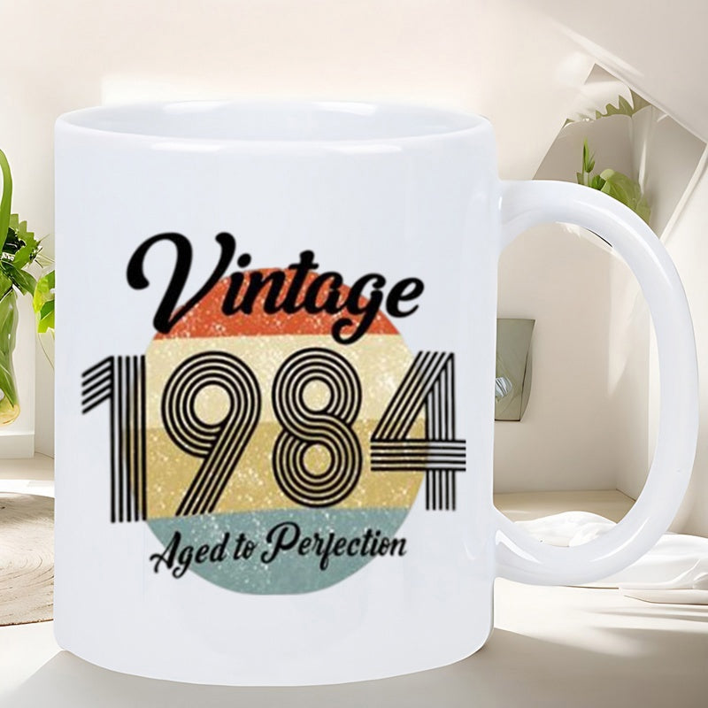 Tailorly White Ceramic 11 oz Mug - Vintage 1984 Aged Perfection Distressed Retro Style Circular Pattern With Colorful Striped Sun Sunset