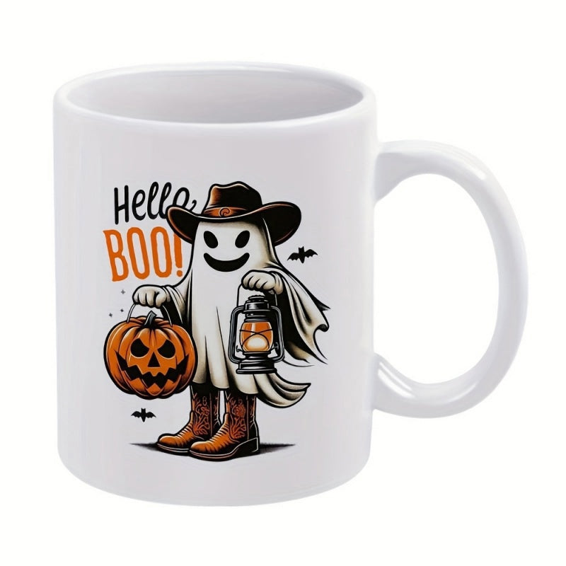 Tailorly White Ceramic 11 oz Mug - Hello Boo Cute Cowboy Spirit Holding Pumpkin Lantern And Wearing Boots Ghost