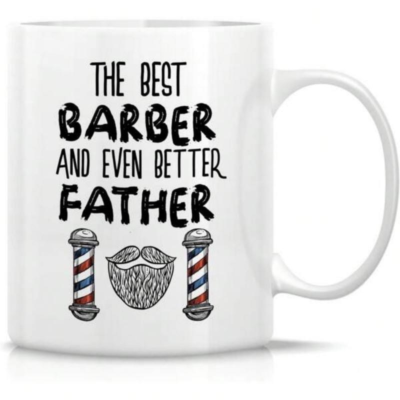 Tailorly White Ceramic 11 oz Mug - The Best Barber And Even Better Father Vintage Barber Poles With Detailed Mustache And Thick Textured Beard Mug