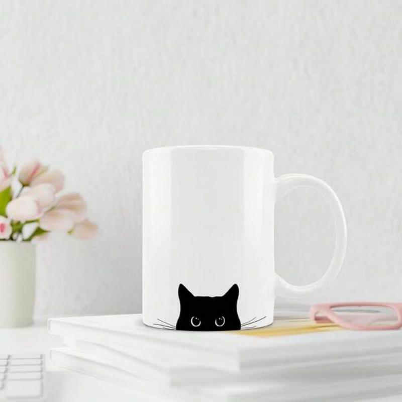 Tailorly White Ceramic 11 oz Mug - Mysterious Black Peeking Kitten With Wide Eyes Hidden Under The Surface Cat