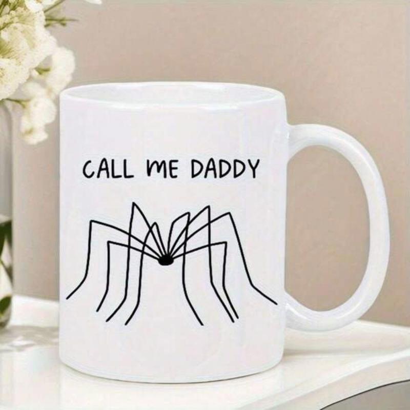Tailorly White Ceramic 11 oz Mug - Call Me Daddy Minimalist Black Line Drawing Of A Harvestman Insect With Long Thin Legs Spider