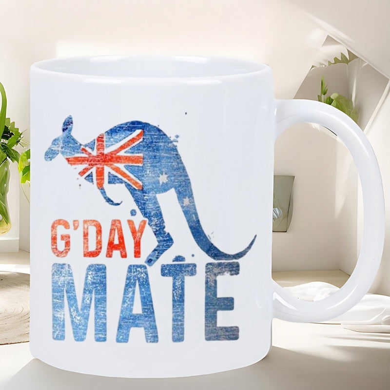 Tailorly White Ceramic 11 oz Mug - Gday Mate Distressed Australian Flag Pattern Inside A Jumping Silhouette Of A Kangaroo