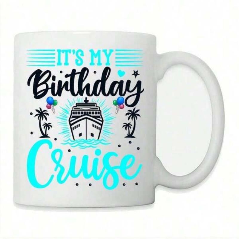 Tailorly White Ceramic 11 oz Mug - Its My Birthday Cruise Grand Ocean Liner Sailing Through Tropical Palms With Festive Party Balloons Ship