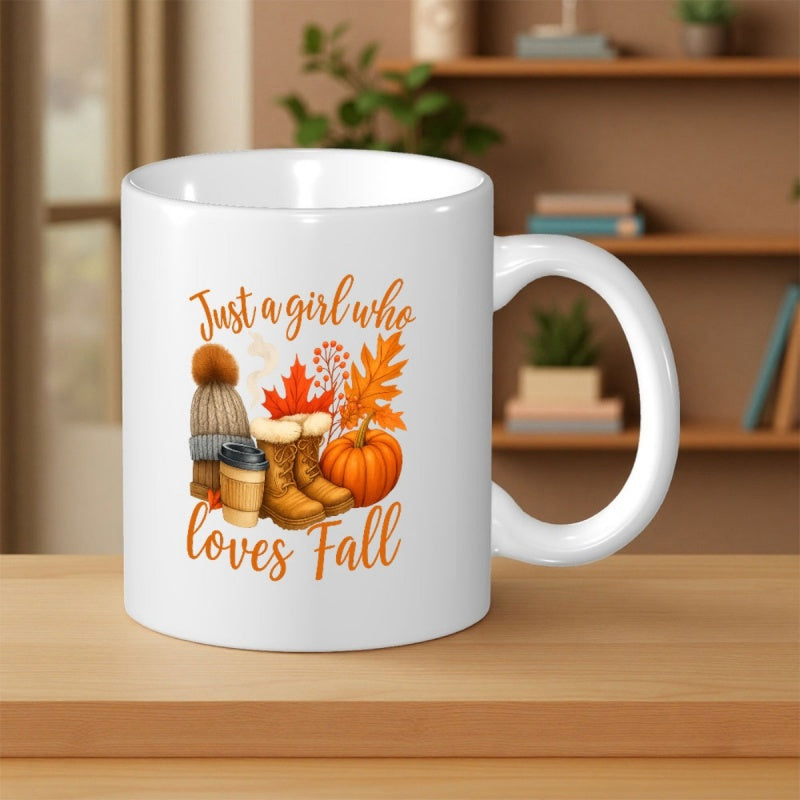 Tailorly White Ceramic 11 oz Mug - Just A Girl Who Loves Fall Vibrant Autumn Leaves With Warm Winter Boots And Knit Hat Near Pumpkin
