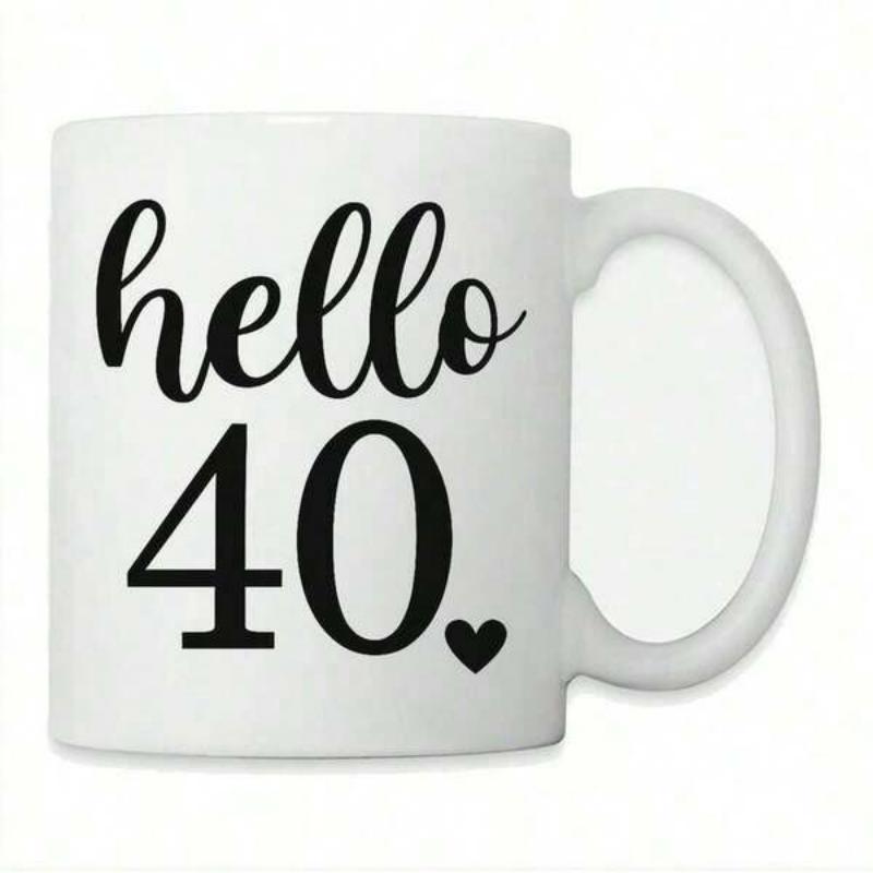 Tailorly White Ceramic 11 oz Mug - Hello 40 Simple Black Elegant Script Font Design Featuring Small Heart Symbol Ceramic Mug
