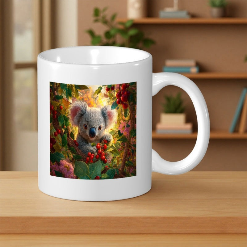 Tailorly White Ceramic 11 oz Mug - Fluffy Animal Resting Amidst Vibrant Autumn Leaves And Red Berries Koala