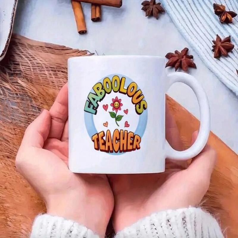 Tailorly White Ceramic 11 oz Mug - Faboolous Teacher Retro Smiling Flower Among Floating Hearts Within A Soft Blue Circle Mug