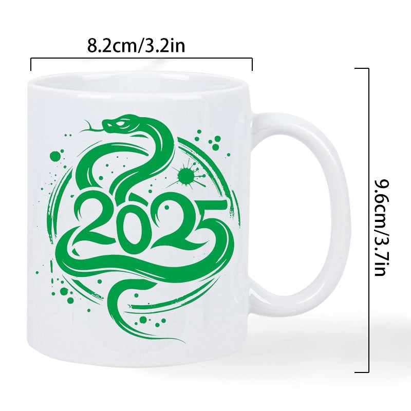 Tailorly White Ceramic 11 oz Mug - 2025 Artistic Green Serpent Coiled Around Decorative Year Digits With Ink Splatters Snake