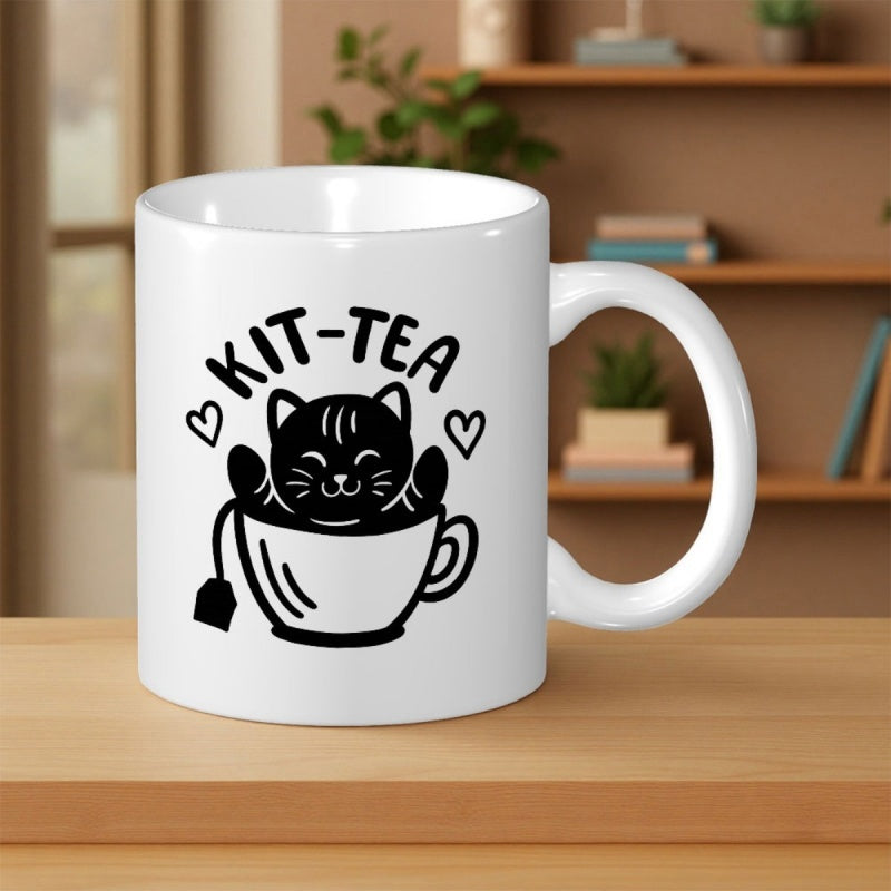 Tailorly White Ceramic 11 oz Mug - Kit-Tea Adorable Cartoon Black Cat Resting Inside Small Teacup With Hearts Cat