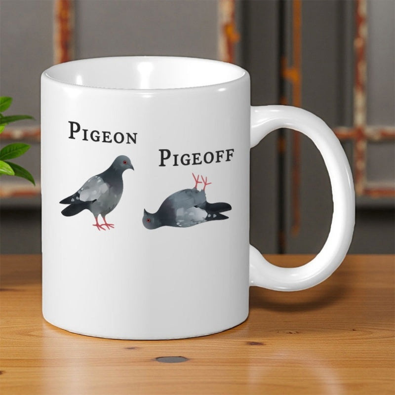 Tailorly White Ceramic 11 oz Mug - Pigeon Pigeoff Funny Minimalist Bird Illustration With Standing And Flipped Over Pigeon
