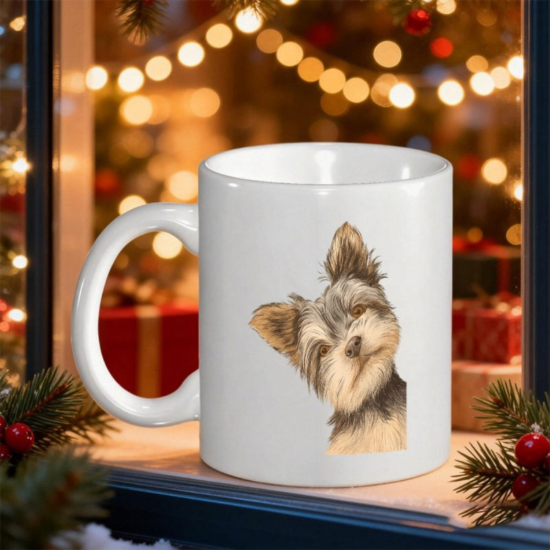 Tailorly White Ceramic 11 oz Mug - Charming Hand Painted Yorkshire Terrier Peeking With Fluffy Ears And Sweet Expression Dog