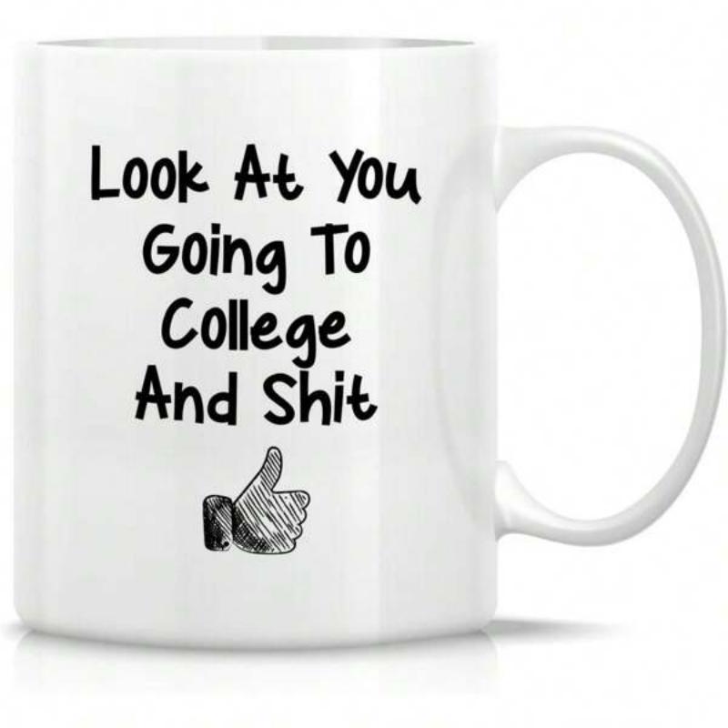 Tailorly White Ceramic 11 oz Mug - Look At You Going To College And Shit Minimalist Black Ink Hand Drawn Thumbs Up Gesture Icon Mug