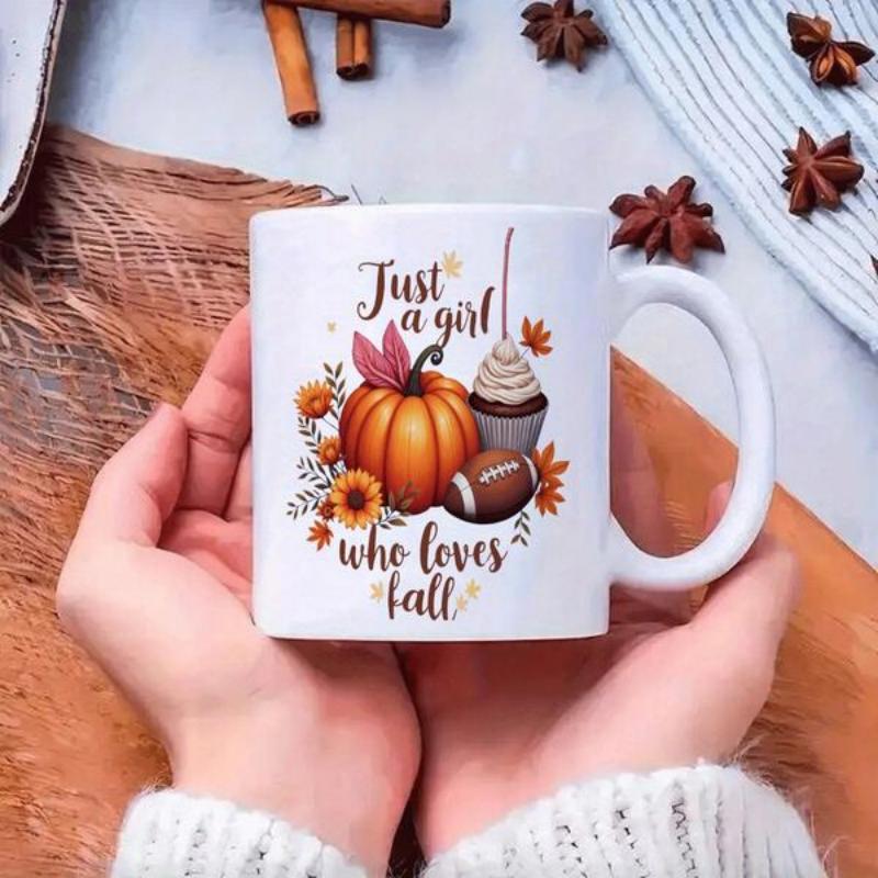 Tailorly White Ceramic 11 oz Mug - Just A Girl Who Loves Fall Vibrant Orange Pumpkin With Sweet Cupcake And Football Among Autumn Flowers Pumpkin