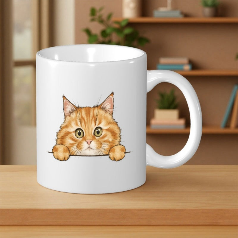 Tailorly White Ceramic 11 oz Mug - Cute Adorable Peeking Orange Tabby Kitten With Big Curious Eyes Cat