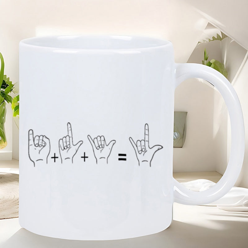 Tailorly White Ceramic 11 oz Mug - Minimalist Black Line Art Depicting American Sign Language Hand Gestures Sign