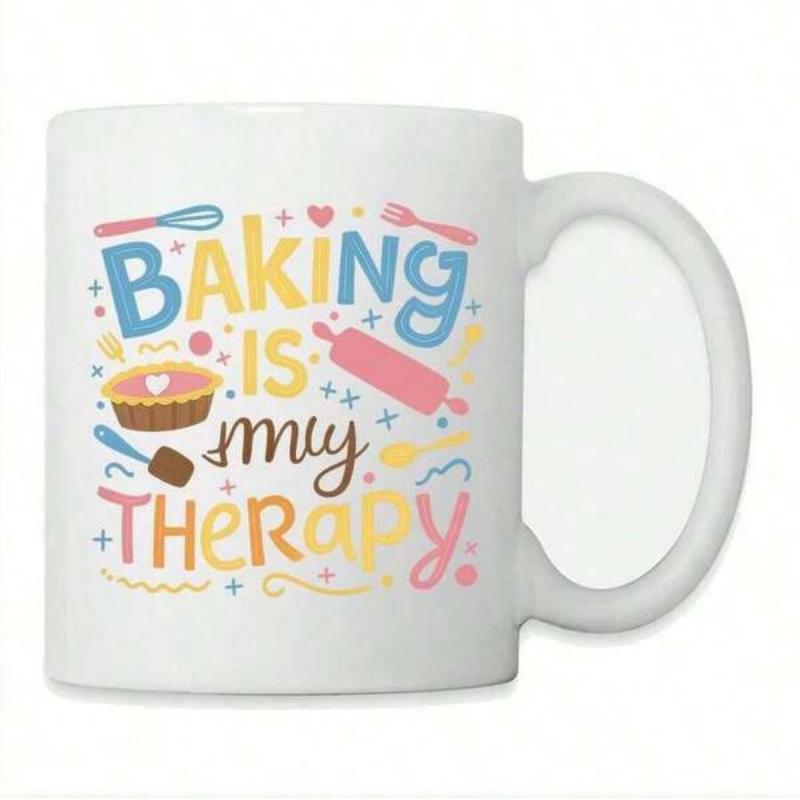 Tailorly White Ceramic 11 oz Mug - Baking Is My Therapy Pastel Colored Whisk Rolling Pin And Sweet Tart Illustration