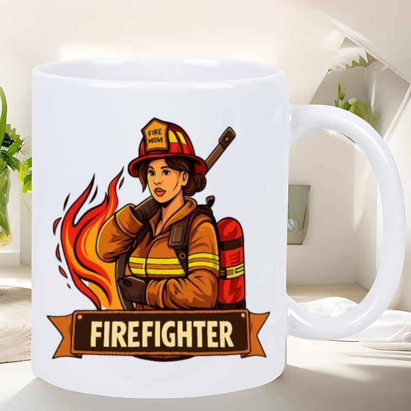 Tailorly White Ceramic 11 oz Mug - Firefighter Courageous Hero Wearing Uniform And Helmet Beside Blazing Vibrant Orange Flames Firefighter