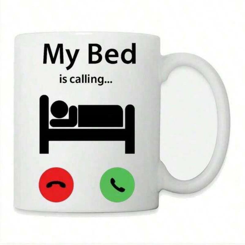Tailorly White Ceramic 11 oz Mug - My Bed Is Calling Minimalist Black Silhouette Of Person Sleeping With Phone Call Icons Bed