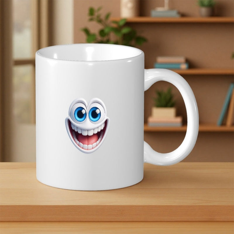 Tailorly White Ceramic 11 oz Mug - Vibrant Blue Eyed Cartoon Character With Wide Grinning Teeth Smiley