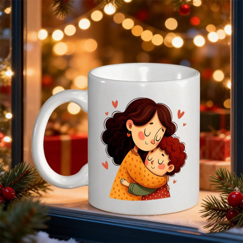Tailorly White Ceramic 11 oz Mug - Warm Illustrative Scene Of Loving Mother Embracing Her Young Curly Haired Son