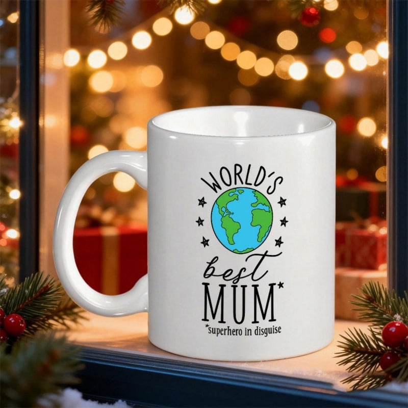 Tailorly White Ceramic 11 oz Mug - Worlds Best Mum Superhero In Disguise Cartoon Earth Globe Surrounded By Small Black Decorative Five Pointed Stars Globe