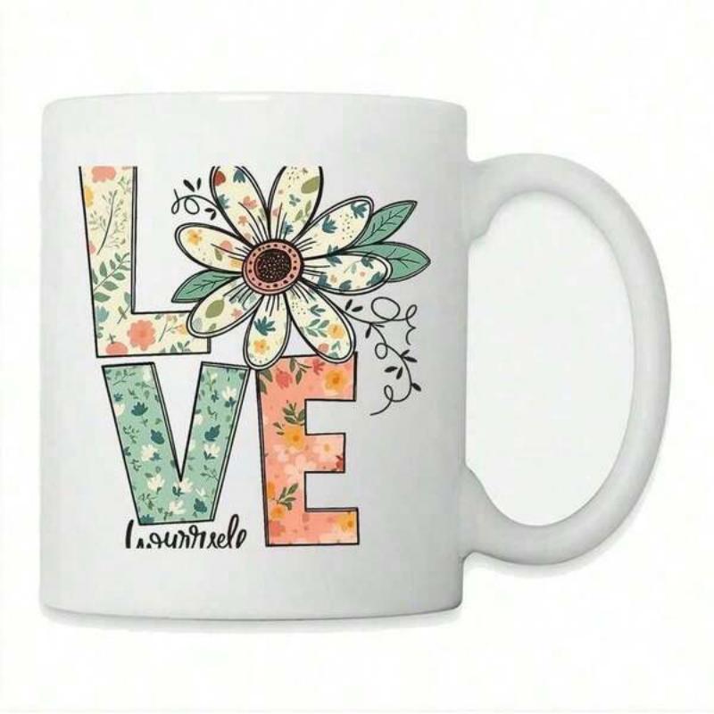 Tailorly White Ceramic 11 oz Mug - Love Gratitude Artistic Floral Patterns Blossoming Within Block Letters Featuring Large Daisy Flower