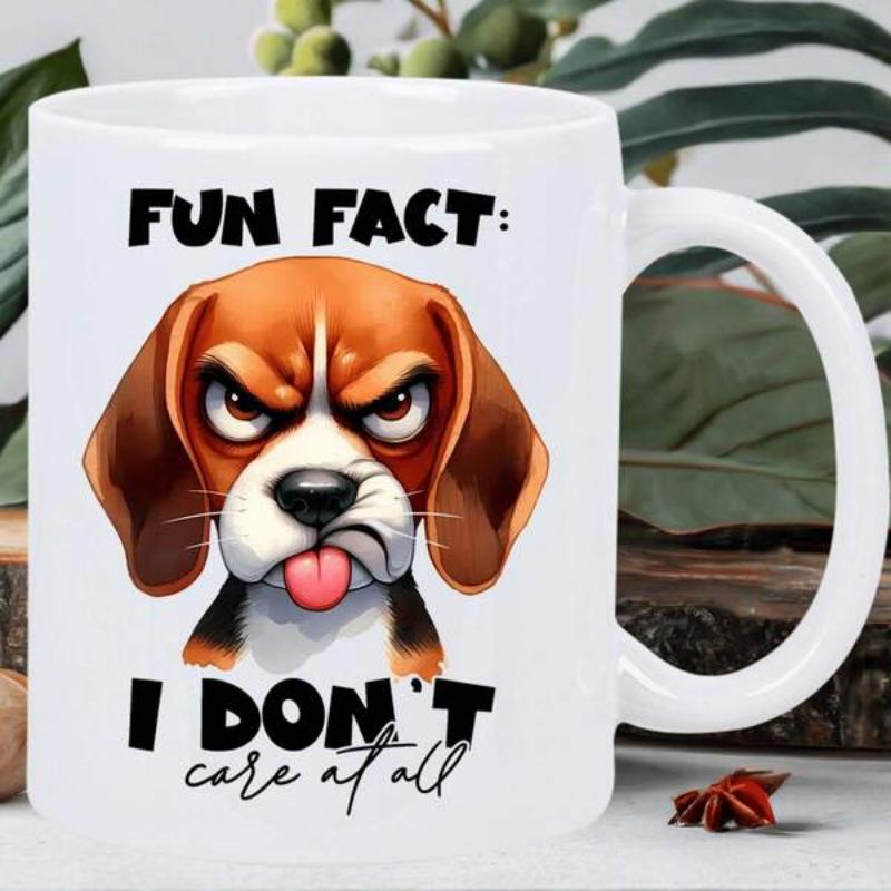 Tailorly White Ceramic 11 oz Mug - Fun Fact I Dont Care At All Grumpy Brown And White Dog Sticking Out Tongue With Angry Expression Beagle