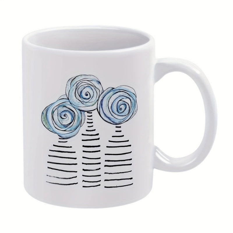 Tailorly White Ceramic 11 oz Mug - Hand Drawn Abstract Blue Roses Inside Minimalist Black Striped Vase Flower