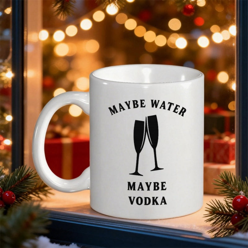 Tailorly White Ceramic 11 oz Mug - Maybe Water Maybe Vodka Simple Black Silhouette Outlines Featuring Two Elegant Champagne Glass